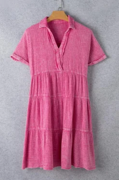 New Dear-Lover Mineral Wash Crinkle Split Neck Raw Hem Tiered Dress Strawberry Pink