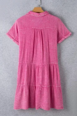 New Dear-Lover Mineral Wash Crinkle Split Neck Raw Hem Tiered Dress Strawberry Pink