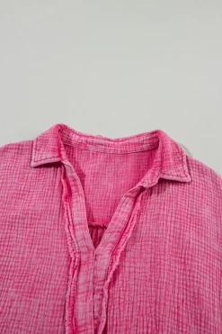 New Dear-Lover Mineral Wash Crinkle Split Neck Raw Hem Tiered Dress Strawberry Pink