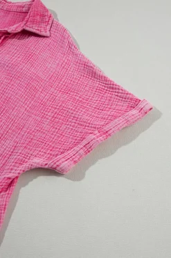 New Dear-Lover Mineral Wash Crinkle Split Neck Raw Hem Tiered Dress Strawberry Pink