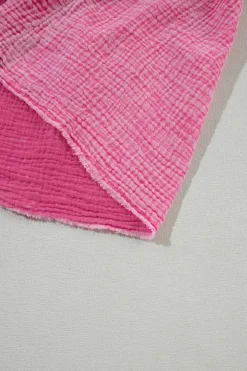 New Dear-Lover Mineral Wash Crinkle Split Neck Raw Hem Tiered Dress Strawberry Pink