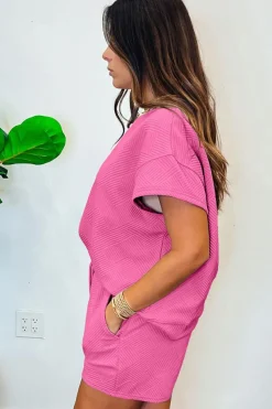 Fashion Dear-Lover 2pcs Solid Textured Drawstring Shorts Set Strawberry Pink