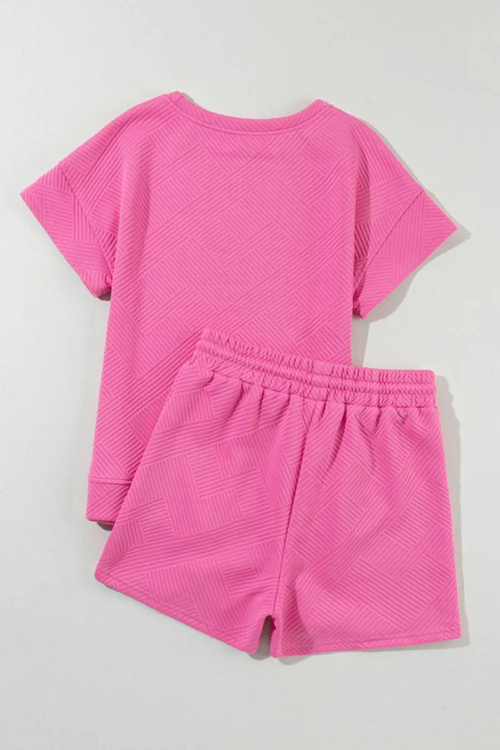 Fashion Dear-Lover 2pcs Solid Textured Drawstring Shorts Set Strawberry Pink