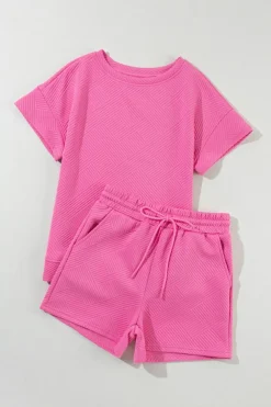 Fashion Dear-Lover 2pcs Solid Textured Drawstring Shorts Set Strawberry Pink
