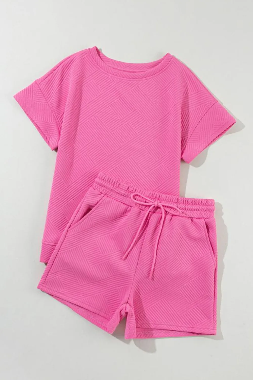 Fashion Dear-Lover 2pcs Solid Textured Drawstring Shorts Set Strawberry Pink