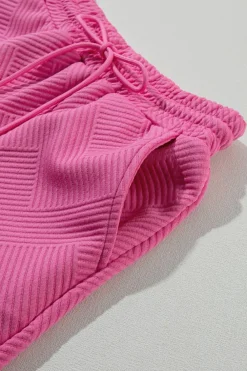 Fashion Dear-Lover 2pcs Solid Textured Drawstring Shorts Set Strawberry Pink