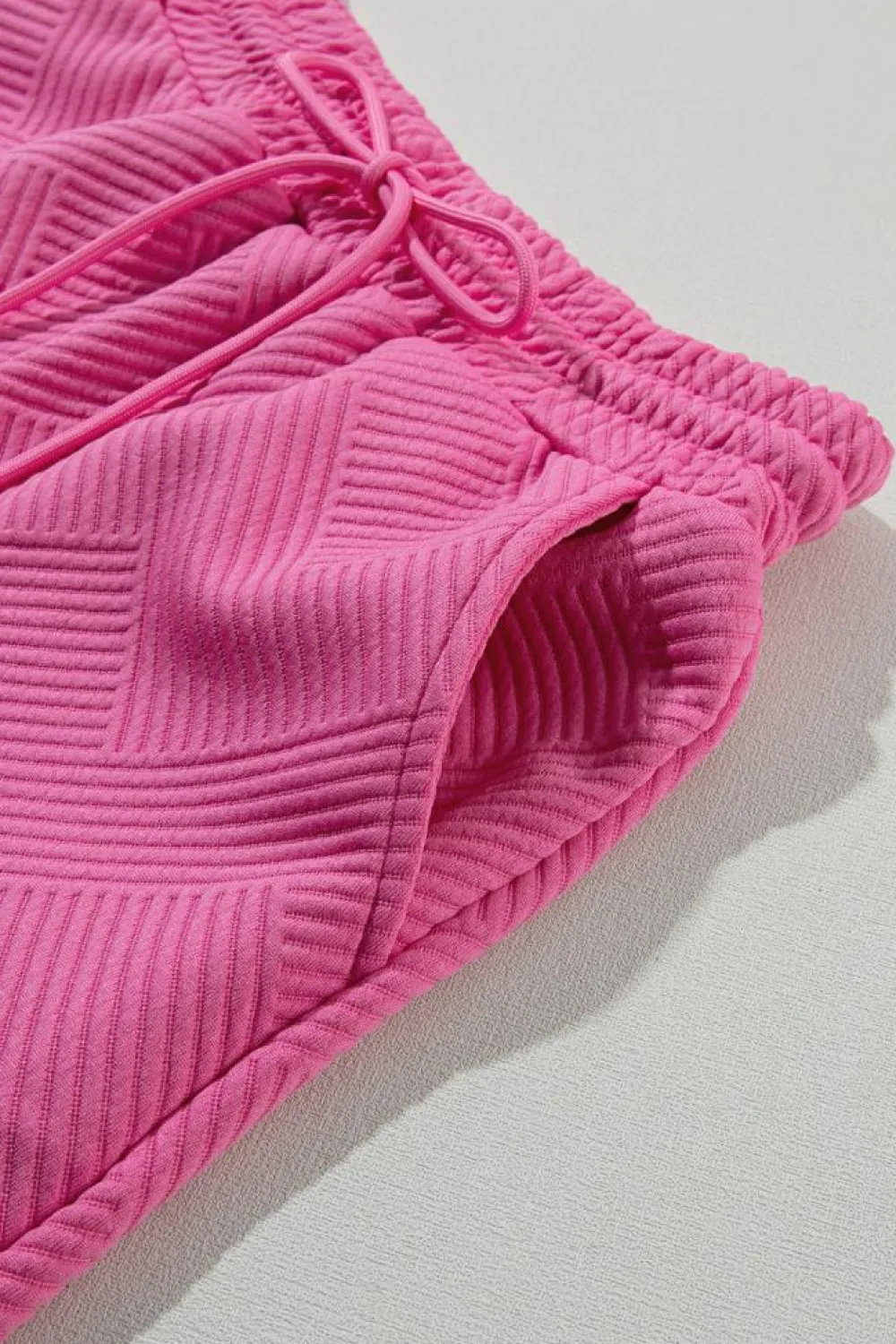 Fashion Dear-Lover 2pcs Solid Textured Drawstring Shorts Set Strawberry Pink