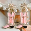 Best Dear-Lover Pearl Decor Boots Shape Dangle Stud Earrings Strawberry Pink