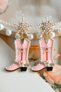 Best Dear-Lover Pearl Decor Boots Shape Dangle Stud Earrings Strawberry Pink