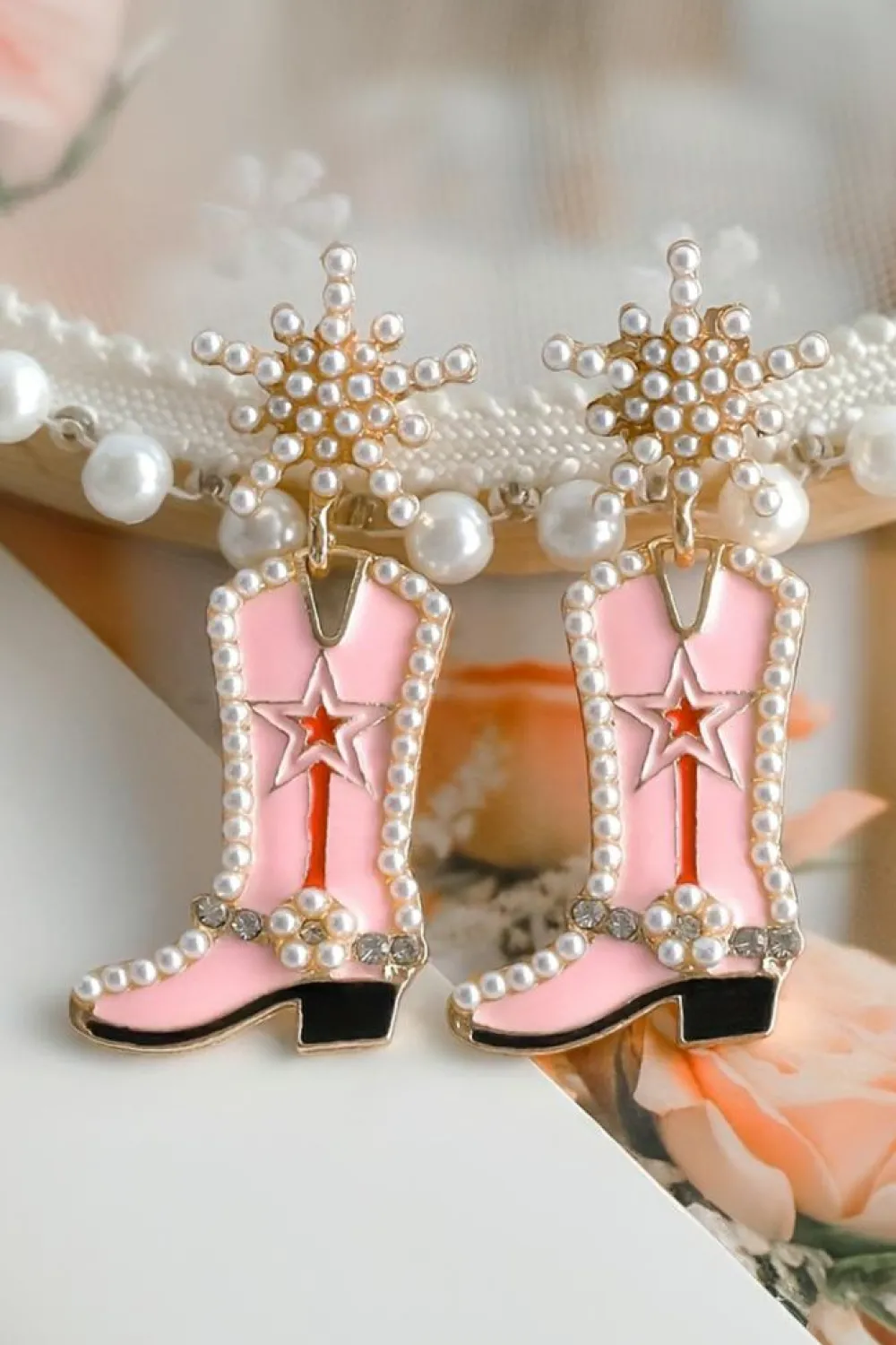Best Dear-Lover Pearl Decor Boots Shape Dangle Stud Earrings Strawberry Pink