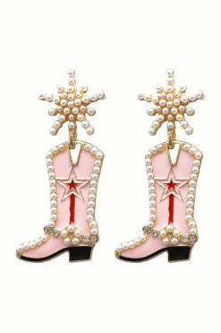 Best Dear-Lover Pearl Decor Boots Shape Dangle Stud Earrings Strawberry Pink