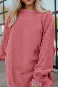 Fashion Dear-Lover Ribbed Corduroy Oversized Sweatshirt Strawberry Pink