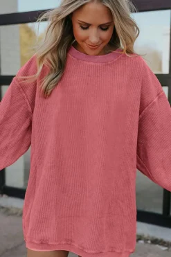Fashion Dear-Lover Ribbed Corduroy Oversized Sweatshirt Strawberry Pink