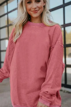 Fashion Dear-Lover Ribbed Corduroy Oversized Sweatshirt Strawberry Pink