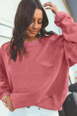 Fashion Dear-Lover Ribbed Corduroy Oversized Sweatshirt Strawberry Pink