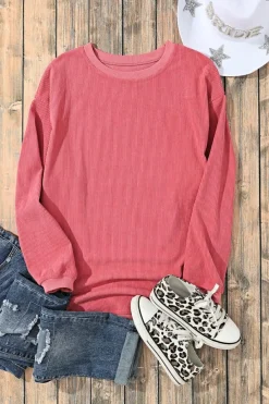 Fashion Dear-Lover Ribbed Corduroy Oversized Sweatshirt Strawberry Pink