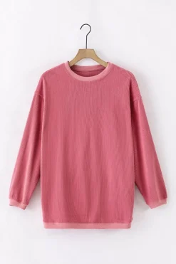 Fashion Dear-Lover Ribbed Corduroy Oversized Sweatshirt Strawberry Pink