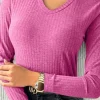 Online Dear-Lover Ribbed Knit V Neck Long Sleeve Slim Fit Top Strawberry Pink