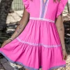 Fashion Dear-Lover Ric Rac Colorblock Flutter Sleeve V Neck Tiered Dress Strawberry Pink