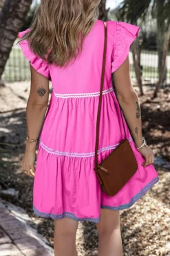 Fashion Dear-Lover Ric Rac Colorblock Flutter Sleeve V Neck Tiered Dress Strawberry Pink