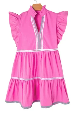 Fashion Dear-Lover Ric Rac Colorblock Flutter Sleeve V Neck Tiered Dress Strawberry Pink
