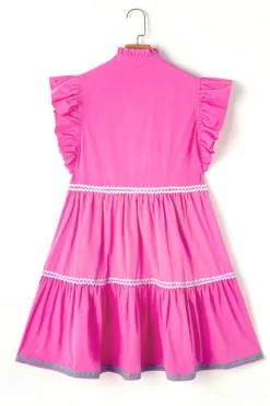 Fashion Dear-Lover Ric Rac Colorblock Flutter Sleeve V Neck Tiered Dress Strawberry Pink