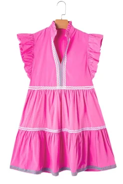 Fashion Dear-Lover Ric Rac Colorblock Flutter Sleeve V Neck Tiered Dress Strawberry Pink