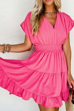 Sale Dear-Lover Ruched Sleeve V Neck Smock Waist Tiered Ruffled Dress Strawberry Pink