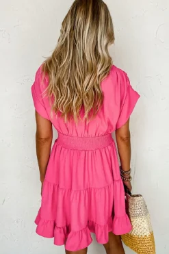 Sale Dear-Lover Ruched Sleeve V Neck Smock Waist Tiered Ruffled Dress Strawberry Pink