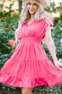 Sale Dear-Lover Ruched Sleeve V Neck Smock Waist Tiered Ruffled Dress Strawberry Pink