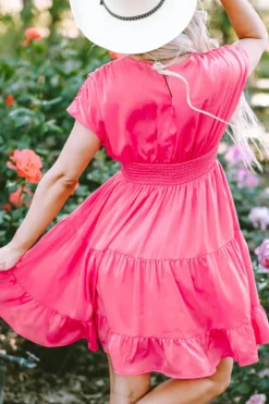 Sale Dear-Lover Ruched Sleeve V Neck Smock Waist Tiered Ruffled Dress Strawberry Pink