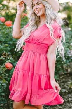 Sale Dear-Lover Ruched Sleeve V Neck Smock Waist Tiered Ruffled Dress Strawberry Pink