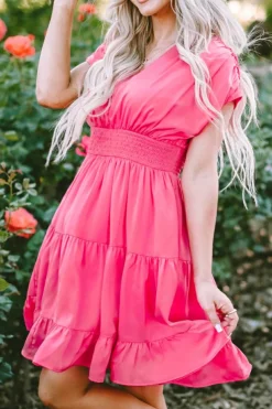 Sale Dear-Lover Ruched Sleeve V Neck Smock Waist Tiered Ruffled Dress Strawberry Pink