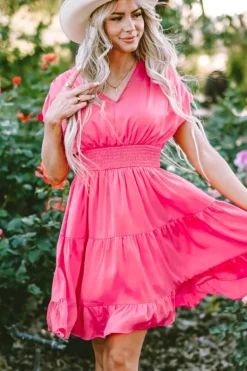Sale Dear-Lover Ruched Sleeve V Neck Smock Waist Tiered Ruffled Dress Strawberry Pink
