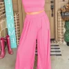 Fashion Dear-Lover Slim Fit Crop Top and Pleated Wide Leg Pants Set Strawberry Pink