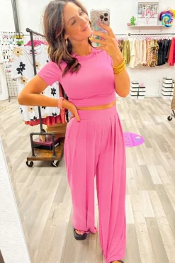 Fashion Dear-Lover Slim Fit Crop Top and Pleated Wide Leg Pants Set Strawberry Pink