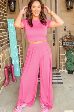 Fashion Dear-Lover Slim Fit Crop Top and Pleated Wide Leg Pants Set Strawberry Pink