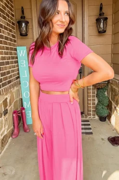 Fashion Dear-Lover Slim Fit Crop Top and Pleated Wide Leg Pants Set Strawberry Pink