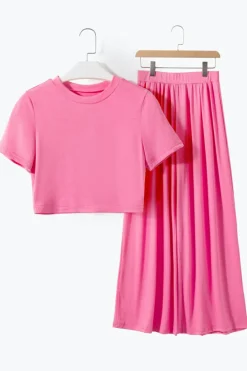 Fashion Dear-Lover Slim Fit Crop Top and Pleated Wide Leg Pants Set Strawberry Pink