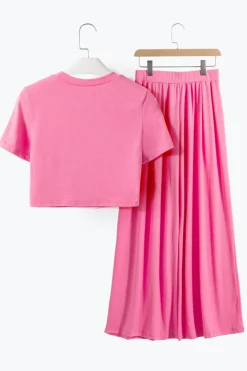 Fashion Dear-Lover Slim Fit Crop Top and Pleated Wide Leg Pants Set Strawberry Pink