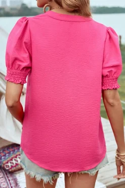 Clearance Dear-Lover Split V Neck Smocked Puff Short Sleeve Blouse Top Strawberry Pink
