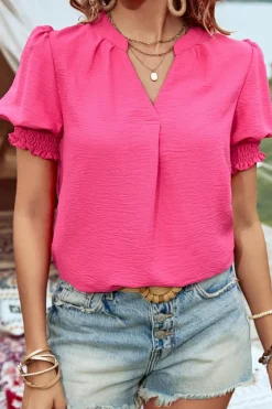 Clearance Dear-Lover Split V Neck Smocked Puff Short Sleeve Blouse Top Strawberry Pink