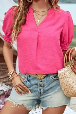 Clearance Dear-Lover Split V Neck Smocked Puff Short Sleeve Blouse Top Strawberry Pink