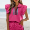 Best Dear-Lover Striped Detail Flutter Sleeve Zipped Collar Short Set Strawberry Pink