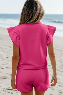 Best Dear-Lover Striped Detail Flutter Sleeve Zipped Collar Short Set Strawberry Pink