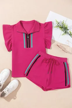 Best Dear-Lover Striped Detail Flutter Sleeve Zipped Collar Short Set Strawberry Pink