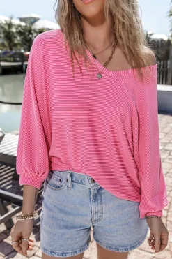 Outlet Dear-Lover Striped Print Bracelet Sleeve V Neck Top Strawberry Pink
