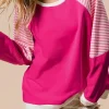 Clearance Dear-Lover Striped Patchwork Crew Neck Raglan Sleeve Top Strawberry Pink