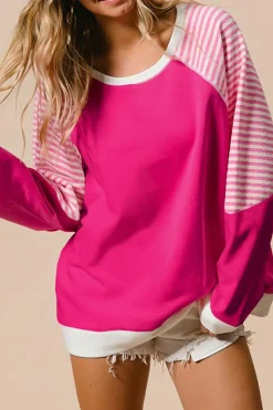 Clearance Dear-Lover Striped Patchwork Crew Neck Raglan Sleeve Top Strawberry Pink