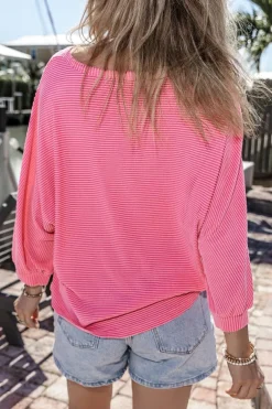 Outlet Dear-Lover Striped Print Bracelet Sleeve V Neck Top Strawberry Pink